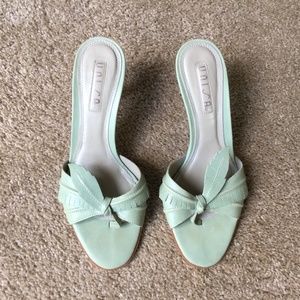 Unisa Manuela Heeled Sandals Mint Thong Toe Leaf & Fringe Strap Leather Brazil 8